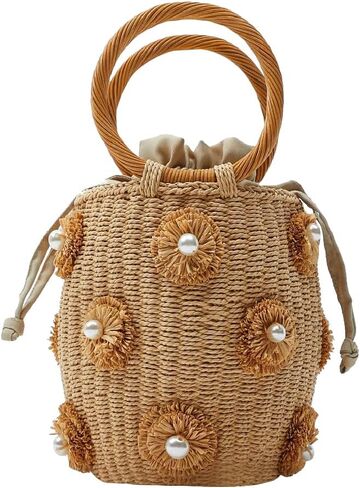 NIBD Flower Pearls Rattan Tote Bag Summer Beach Drawstring Straw Bucket Bag Diamonds Woven Handbag in Kuwait