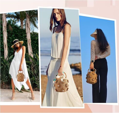 NIBD Flower Pearls Rattan Tote Bag Summer Beach Drawstring Straw Bucket Bag Diamonds Woven Handbag in Kuwait