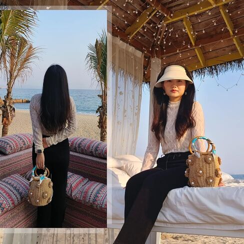 NIBD Flower Pearls Rattan Tote Bag Summer Beach Drawstring Straw Bucket Bag Diamonds Woven Handbag in Kuwait