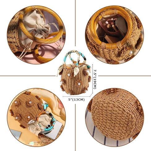 NIBD Flower Pearls Rattan Tote Bag Summer Beach Drawstring Straw Bucket Bag Diamonds Woven Handbag in Kuwait