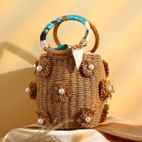 NIBD Flower Pearls Rattan Tote Bag Summer Beach Drawstring Straw Bucket Bag Diamonds Woven Handbag in Kuwait