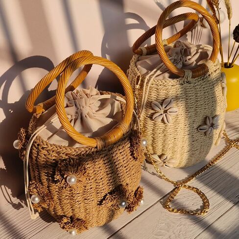 NIBD Flower Pearls Rattan Tote Bag Summer Beach Drawstring Straw Bucket Bag Diamonds Woven Handbag in Kuwait
