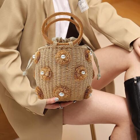 NIBD Flower Pearls Rattan Tote Bag Summer Beach Drawstring Straw Bucket Bag Diamonds Woven Handbag in Kuwait