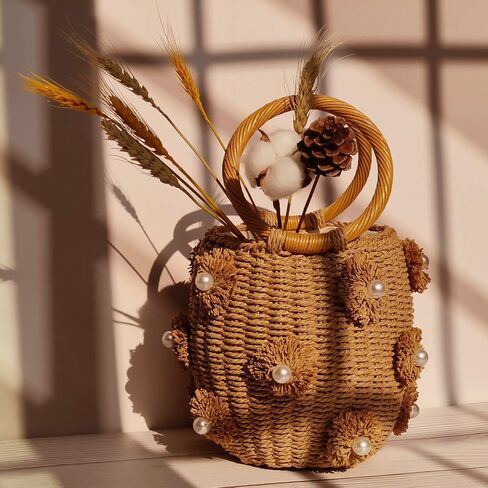 NIBD Flower Pearls Rattan Tote Bag Summer Beach Drawstring Straw Bucket Bag Diamonds Woven Handbag in Kuwait