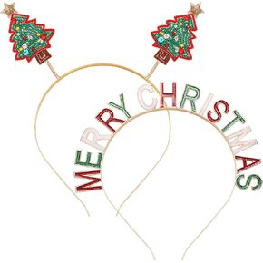 boderier Christmas Headbands for Women Beaded Christmas Tree Headband Glitter MERRY CHRISTMAS Tiara Headband Xmas Festive Party Hair Accessories Gifts
