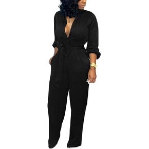 Aro Lora Women's Deep V Neck Long Sleeve Button Down One Piece Wide Leg Jumpsuit Romper