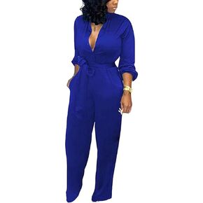 Aro Lora Women's Deep V Neck Long Sleeve Button Down One Piece Wide Leg Jumpsuit Romper in Kuwait
