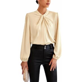 GRACE KARIN Women's Satin Top Mock Neck Twist Front Top Long Lantern Sleeve Silk Shirts Casual Loose Work Office Blouse