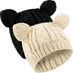 Cat Ear Beanie Hats Cute Cat Knitted Hat Winter Knit Cable Hat for Women Girls