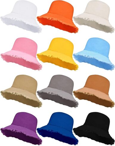 12 Pcs Women Frayed Bucket Hats Bulk for Women Men Summer Accessories Fishing Bucket Fishing for Men Summer Beach Sun Hat Cotton Wide Brim Bucket Cap Casual Beach Cap for Girls Travel Outdoor Vacation in Saudi Arabia