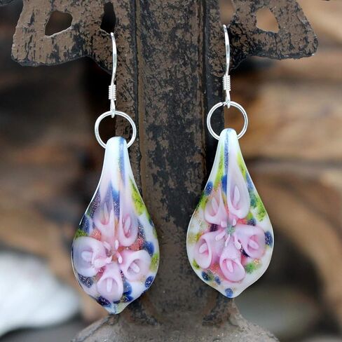 أقراط Bleek2Sheek Murano مستوحاة من الزجاج كونفيتي وردي زهرة الدمعة لا تسبب الحساسية مع خطافات أذن فرنسية من الفولاذ المقاوم للصدأ in Kuwait