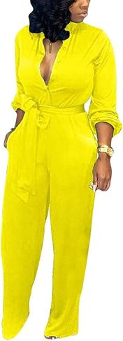 Aro Lora Women's Deep V Neck Long Sleeve Button Down One Piece Wide Leg Jumpsuit Romper in Saudi Arabia