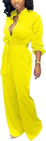 Aro Lora Women's Deep V Neck Long Sleeve Button Down One Piece Wide Leg Jumpsuit Romper in Saudi Arabia
