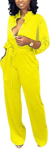 Aro Lora Women's Deep V Neck Long Sleeve Button Down One Piece Wide Leg Jumpsuit Romper in Saudi Arabia