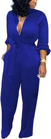 بدلة قفز نسائية من Aro Lora برقبة على شكل حرف V وأكمام طويلة وأزرار سفلية من قطعة واحدة بأرجل واسعة in Kuwait