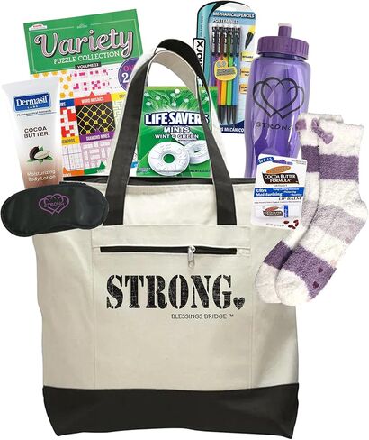 حزمة الرعاية الكيماوية لمرضى السرطان احصل على هدية جيدة للنساء: حقيبة حمل قماشية كبيرة ملهمة تحمل 8 قطع يجب أن تشعر براحة أفضل، هدايا التعافي الموصى بها منتقاة يدويًا من قبل أحد الناجين من السرطان in Kuwait