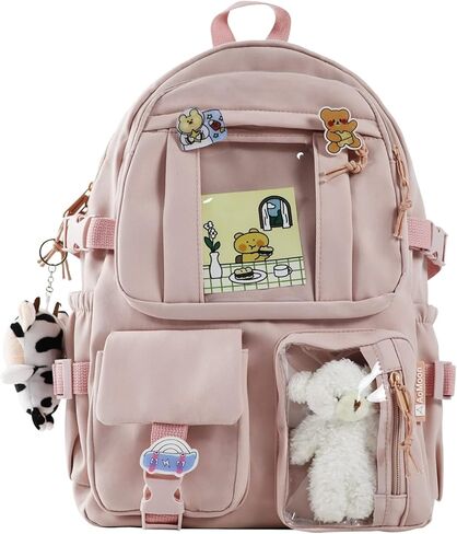 حقيبة ظهر AoMoon Kawaii جميلة بألوان الباستيل للفتيات المراهقات حقائب كتب جمالية للطلاب مع دبوس Kawaii وإكسسوارات لطيفة (أخضر-C) in Kuwait