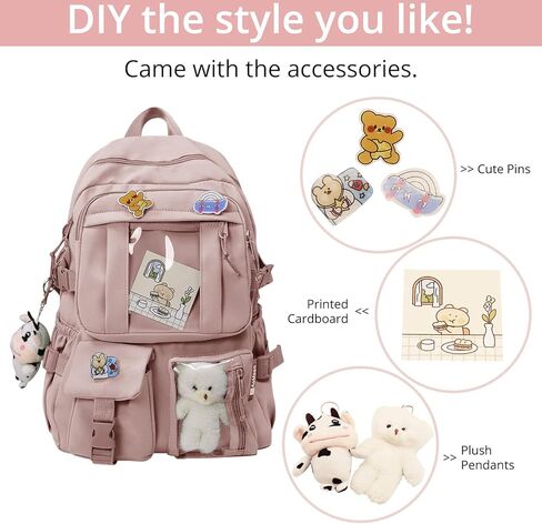 حقيبة ظهر AoMoon Kawaii جميلة بألوان الباستيل للفتيات المراهقات حقائب كتب جمالية للطلاب مع دبوس Kawaii وإكسسوارات لطيفة (أخضر-C) in Kuwait