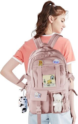 حقيبة ظهر AoMoon Kawaii جميلة بألوان الباستيل للفتيات المراهقات حقائب كتب جمالية للطلاب مع دبوس Kawaii وإكسسوارات لطيفة (أخضر-C) in Kuwait
