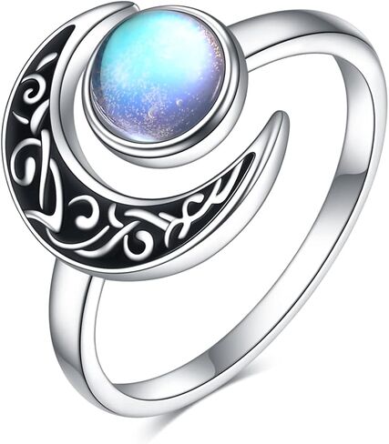 CRMAD Moonstone Crescent Moon Ring for Women Sterling Silver Celtic Moon Open Ring Adjustable Ring Gift for Girls in Saudi Arabia