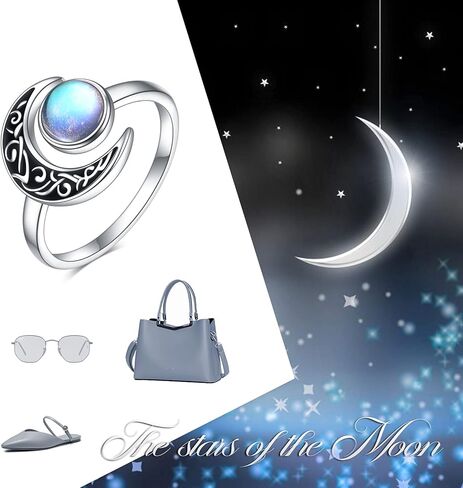 CRMAD Moonstone Crescent Moon Ring for Women Sterling Silver Celtic Moon Open Ring Adjustable Ring Gift for Girls in Saudi Arabia