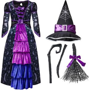 أزياء Spooktacular Creations للهالوين للفتيات الصغيرات الأرجوانية الساحرة والنجوم والقمر مع مكنسة للعب التظاهري in Kuwait