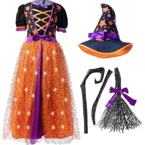 Spooktacular Creations Light Up Purple Witch Costume with Broom for Toddler Girls, Fairy Tale Witch Halloween Costume Dress Up (Small (5-7 yr)) in Kuwait