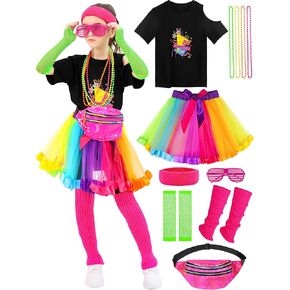 SOMSOC 13 Pieces Kids 80s Costume Accessories Set Girl's 80s Cosplay T-shirt Tutu Outfit Headband Necklace Gloves Leg Warmer