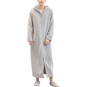 Lu's Chic Men's Hooded House Coat Zipper Flannel Pockets Loungewear Soft Warm Long Fleece Robe