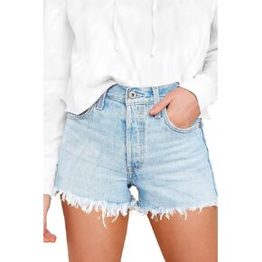 HOCAIES Women's Juniors Jean Shorts Frayed Raw Hem Ripped Denim Shorts for Women