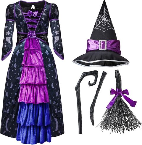 أزياء Spooktacular Creations للهالوين للفتيات الصغيرات الأرجوانية الساحرة والنجوم والقمر مع مكنسة للعب التظاهري in Kuwait