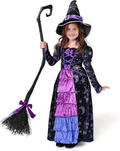 أزياء Spooktacular Creations للهالوين للفتيات الصغيرات الأرجوانية الساحرة والنجوم والقمر مع مكنسة للعب التظاهري in Kuwait