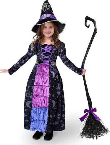 أزياء Spooktacular Creations للهالوين للفتيات الصغيرات الأرجوانية الساحرة والنجوم والقمر مع مكنسة للعب التظاهري in Kuwait