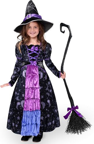 أزياء Spooktacular Creations للهالوين للفتيات الصغيرات الأرجوانية الساحرة والنجوم والقمر مع مكنسة للعب التظاهري in Kuwait