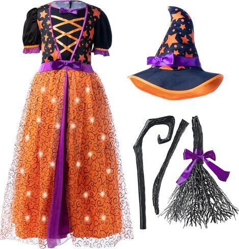 Spooktacular Creations Light Up Purple Witch Costume with Broom for Toddler Girls, Fairy Tale Witch Halloween Costume Dress Up (Small (5-7 yr)) in Kuwait