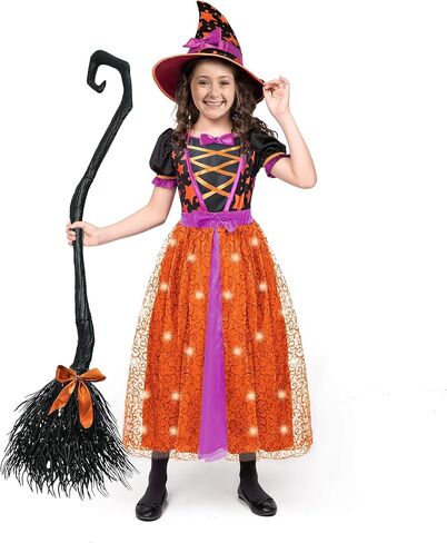 Spooktacular Creations Light Up Purple Witch Costume with Broom for Toddler Girls, Fairy Tale Witch Halloween Costume Dress Up (Small (5-7 yr)) in Kuwait