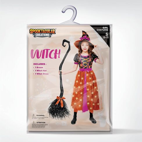 Spooktacular Creations Light Up Purple Witch Costume with Broom for Toddler Girls, Fairy Tale Witch Halloween Costume Dress Up (Small (5-7 yr)) in Kuwait
