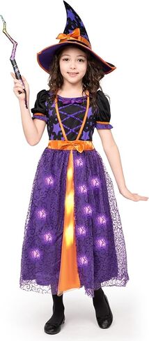 Spooktacular Creations Light Up Purple Witch Costume with Broom for Toddler Girls, Fairy Tale Witch Halloween Costume Dress Up (Small (5-7 yr)) in Kuwait