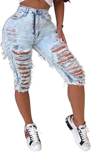 LalaLin Sexy Ripped Jean Shorts for Women Destroyed Washed Hole Stretchy Bermuda Mid Denim Short in Kuwait
