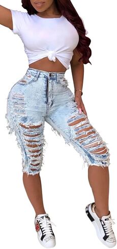 LalaLin Sexy Ripped Jean Shorts for Women Destroyed Washed Hole Stretchy Bermuda Mid Denim Short in Kuwait
