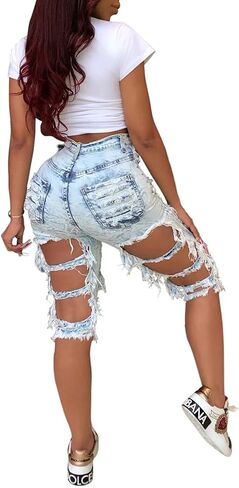 LalaLin Sexy Ripped Jean Shorts for Women Destroyed Washed Hole Stretchy Bermuda Mid Denim Short in Kuwait