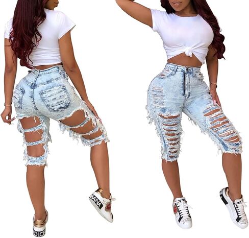 LalaLin Sexy Ripped Jean Shorts for Women Destroyed Washed Hole Stretchy Bermuda Mid Denim Short in Kuwait