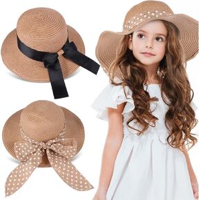 Leumoi 2 Pcs Girl Straw Hats Sun Hat Toddler Beach Hat with Bowknot Kids Summer Straw Cap for Little Girl Kids 3 to 10 Years