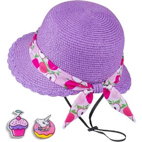 Girls Straw Sun Hat with Chin Strap and Two Cute Brooches Summer Beach UV Protection