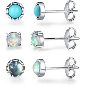 3mm/4mm/6mm Hypoallergenic 925 Sterling Silver Post Stud Earrings for Womens Teens Girls Second Hole Earrings for Women Opal Turquoise Moonstone Stud Earrings Jewelry Earrings for Sensitive Ears