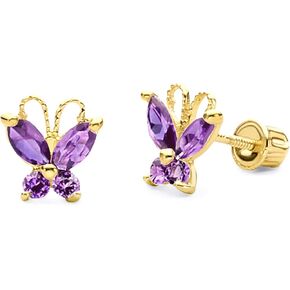 14k Yellow Gold Butterfly Stud Earrings with Screw Back - 4 Different Color Available