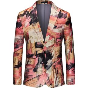 MOGU Mens Blazer with Colourful Irregular Pattern Slim Suit Jacket