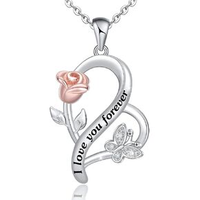 Distance S925 Sterling Silver Rose Flower Necklace, Rose Bracelet, Two-Tone Cross Pendant Necklaces for Women Girls Gift for Valentine Birthday Christmas Mother Day