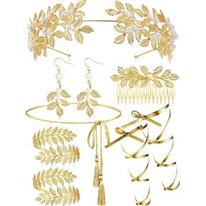 مجموعة إكسسوارات زي الآلهة اليونانية 8 قطع من Cindeer للنساء، عصابة رأس على شكل تاج من ورق الغار الذهبي، سوار ذراع علوي، سوار من أوراق اللؤلؤ، أقراط متدلية من أوراق الغار، مجوهرات توجا لحفلات الزفاف in Kuwait
