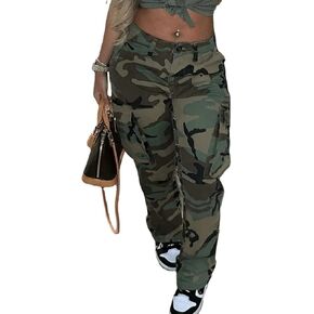 Vaceky Camo Cargo Pants للنساء سحاب عالي الخصر مرقع مموه بنطلون كاجوال مستقيم مع جيب